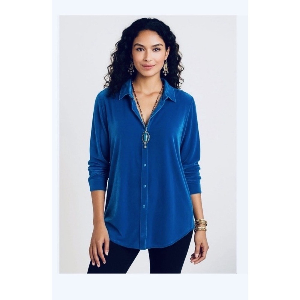 Soft Surroundings Women Size Medium Royal Blue Velvet Boyfriend Tunic Shirt Long
